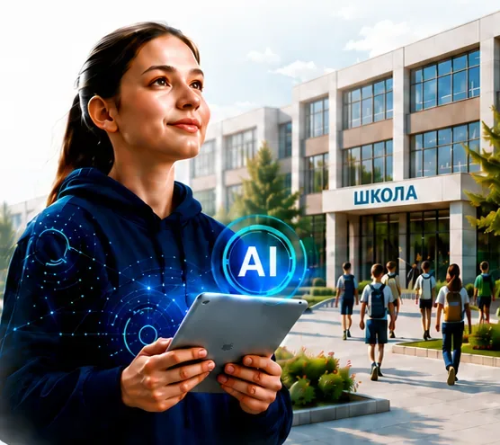 Ученица с планшетом у школы с AI-платформой
